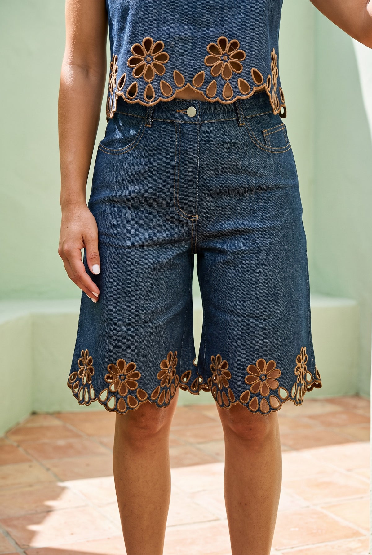 Denim Eyelet Bermuda Set