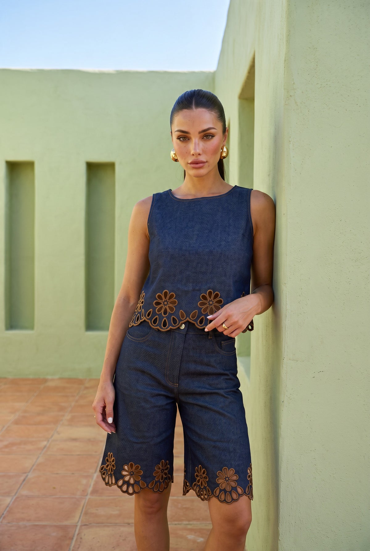 Denim Eyelet Bermuda Set