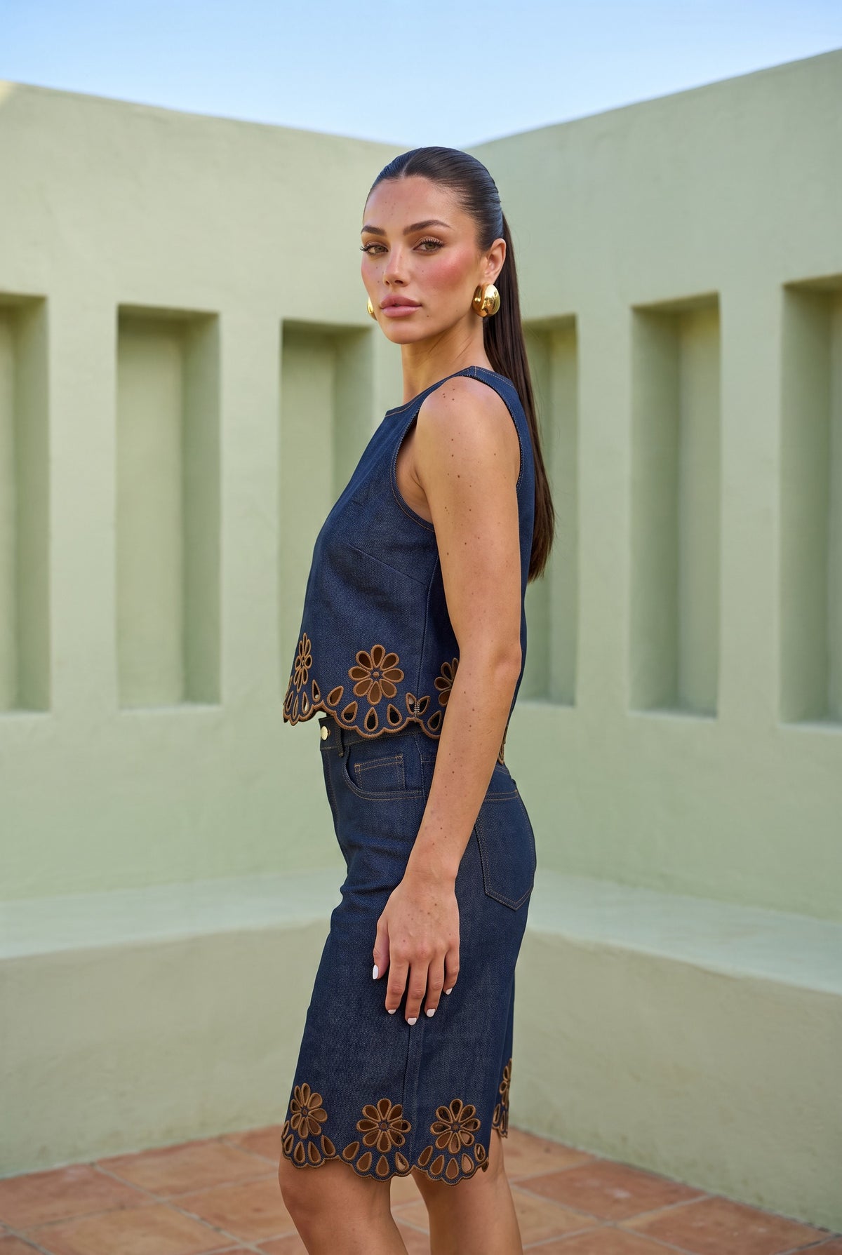 Denim Eyelet Bermuda Set
