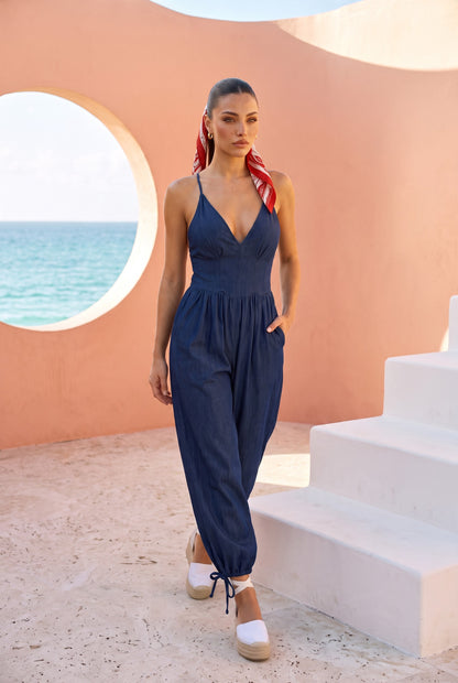 Denim Drawstring Jumpsuit