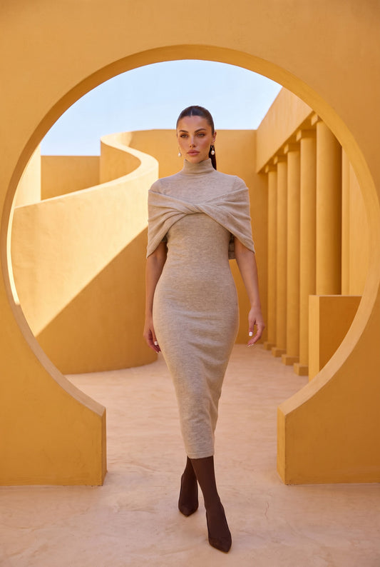 Oatmeal Twist Cape Midi Dress