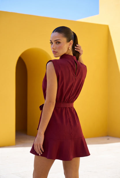 Wine Ruffle Mini Dress