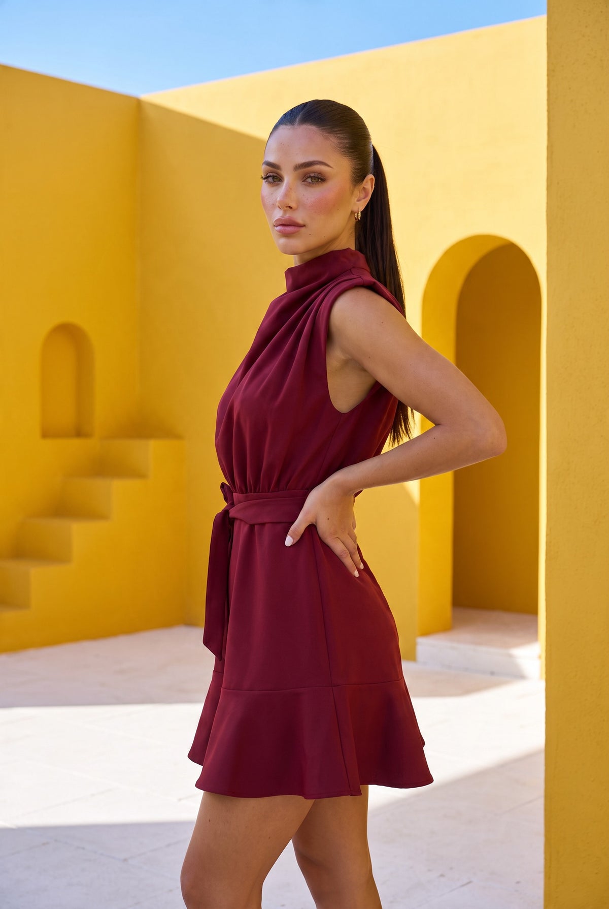 Wine Ruffle Mini Dress