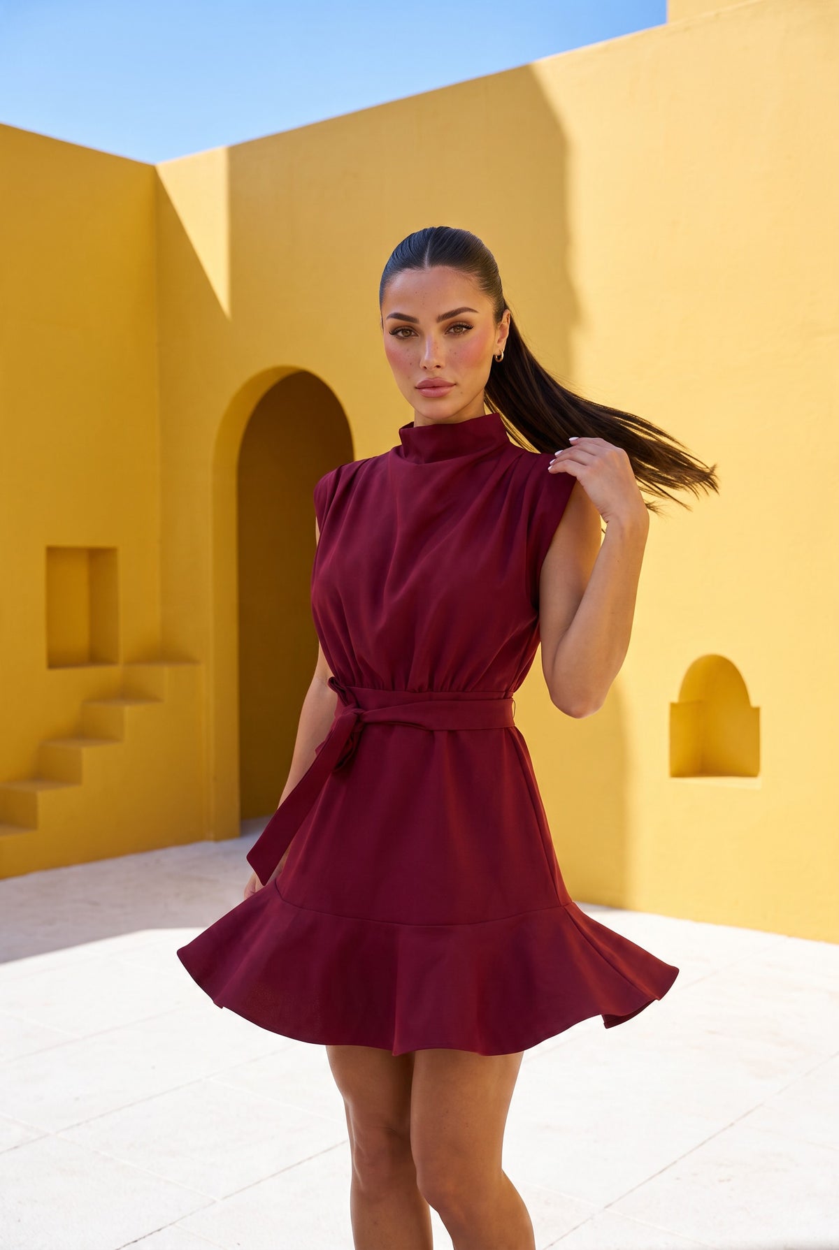Wine Ruffle Mini Dress