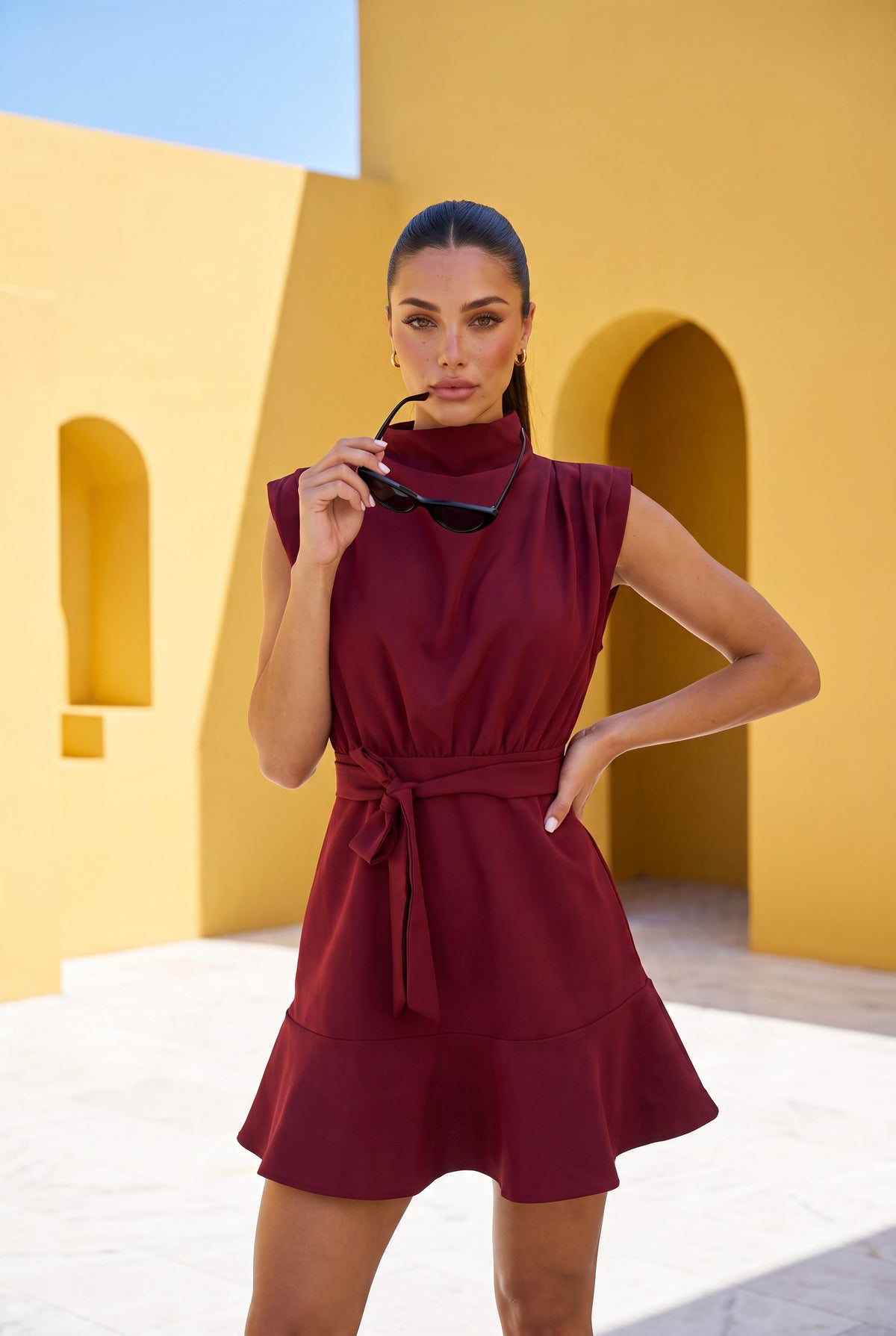 Wine Ruffle Mini Dress