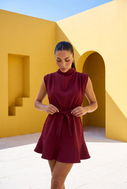 Wine Ruffle Mini Dress